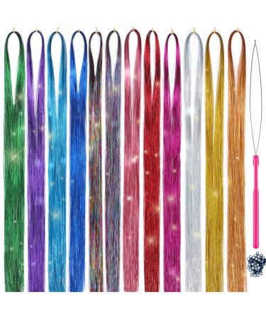 Hair Tinsel Kit Strands With Tool 47 Inch 12 Colors 2100 Strands Fairy Hair Tinsel Kit Hair Extensions Sparkling Glitter Shiny Silk Tinsel for Women Girls Hair for Christmas Decorations (12 colors)