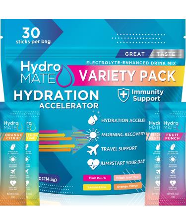 HydroMATE Electrolytes Powder Drink Mix Packets Hydration Accelerator Low Sugar Rapid Hangover Party Recovery Plus Vitamin C Variety Pack 30 Sticks 30 Count (Pack of 1)