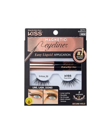 Kiss Magnetic Eyeliner & Lash Kit Entice 1 pair of synthetic false eyelashes with 5 double magnets and wiped biotin infused black magnetic eyeliner with precision brush