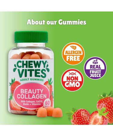 Chewy Vites Beauty Collagen 60 Gummy Vitamins |Hydrolised Collagen CoQ10 Biotin + Vitamins | 1 Month Supply | Real Fruit Juice | Berry Flavour | 2-a-Day | 1 count (Pack of 60) Beauty Collagen - Buy Online on GoSupps.com