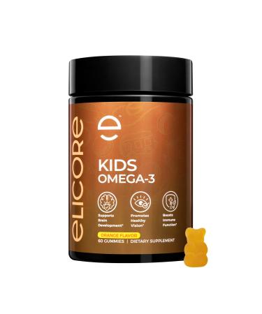 ELICORE Kids Omega 3 Gummies DHA & EPA Fish Oil Supplement for Brain, Vision & Immune Health - Non-GMO, Gluten-Free Orange Flavor Chewable Omega 3 for Kids Gummy 4+ - 60 Count