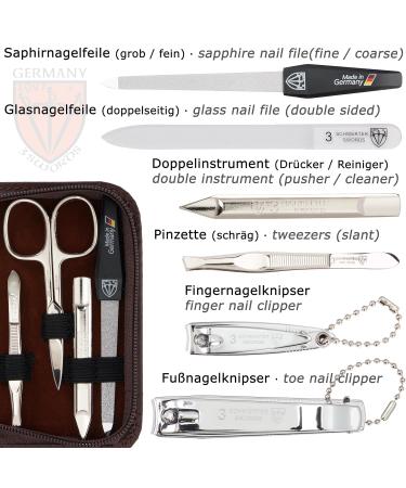 Buy Three Swords 8-Piece 'Roma' Manicure Set | High-Quality Nail Care in Brown Synthetic Leather Case | Nail Scissors Clippers Tweezers & Glass Files | International Shipping Available - Buy Online on GoSupps.com