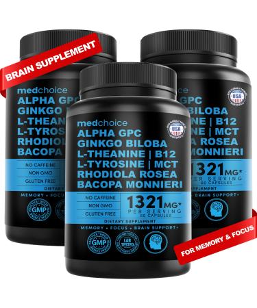 12-in-1 Nootropic Brain Supplement Anhydrous: Ginkgo Biloba for Brain Support, Memory and Focus - B12, Alpha GPC, L Theanine and Choline Supplements with Bioperine non Caffeinated 1321mg (180ct) 60 Count (Pack of 3)