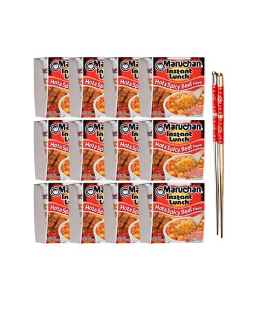 Ja Cor Instant Lunch Ramen Noodle Soup Hot and Spicy Beef Flavor Cup Noodles 2.25 oz Bulk Pack Bundle with 1-Set of Reusable Stainless Steel Chopsticks(12 Packs)