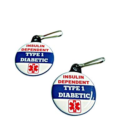 Insulin Dependent Type 1 Diabetic Medical Alert Tag 2pcs Zipper Pull Charm 1.25 inches for Bag Backpack