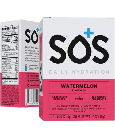SOS Hydration Electrolyte Powder - Watermelon | Daily Energy & Hydration Drink Mix | Low Sugar Essential Vitamins | 8 Servings - Buy Online on GoSupps.com
