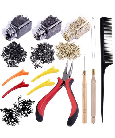 Duufin Hair Extensions Kit 1500 Pcs Micro Link Rings Bead(Black, Blonde and Dark Brown) 1 Micro Beads Plier 2 Hook Needle Pulling Loop 4 Plastic Alligator Hair Clips 1 Comb and 2 Bags Black Mini Rubber Hair Elastic Black, …