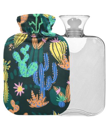 NAANLE hot water bottle with reference hand-drawn cactus transparent hot water bottle 2l large hot hot water bottle for menstrual cramps pain relief handfoots heat and cold therapy