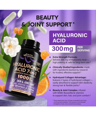 Hyaluronic Acid Supplements 1000 mg - Collagen | MSM | Boswellia | Vitamin D3 C & E - Hyaluronic Acid Capsules - Skin Hydratation & Joint Comfort Support - 7-in-1 Complex - Made in USA - 120 Capsules 120 Count (Pack of 1) - Buy Online on GoSupps.com
