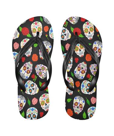 Mnsruu Day of the Dead Flip-Flops with a skull motif floral pressure for home hotel spa bedroom travel s Small multi-colored