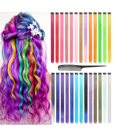 Comkrivy 27 Pieces Coloured Hair Extensions 26 Colours Clip-in Hair Strands with Comb 55 cm Straight Colourful Synthetic Hair Pieces for Women Kids Girls Party Highlights Festival Decoration