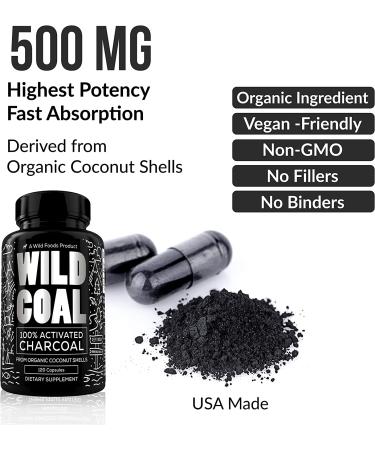 Organic Coconut Shell Activated Charcoal Capsules for Digestion & Gas Relief - Hangover & Bloat Aid - 120 Non-GMO Capsules - Lab Tested USA Made - Buy Online on GoSupps.com