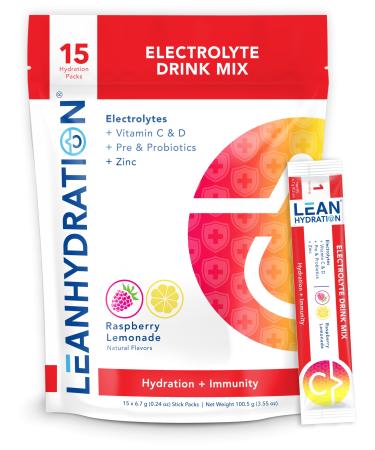 LEAN Hydration Natural Electrolyte Immune Formula - Boost Immunity and Stay Hydrated with Zero Sugar and No Artificial Flavors or Sweeteners 15 ct Packets (Raspberry Lemonade)