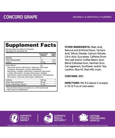 Optimum Nutrition Amino Energy - Pre Workout Energy Powder with BCAA & Green Tea - Concord Grape 65 Servings - Buy Online on GoSupps.com
