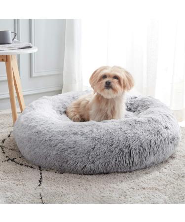 Calming Dog Bed & Cat Bed, Anti-Anxiety Donut Dog Cuddler Bed, Warming Cozy Soft Dog Round Bed, Fluffy Faux Fur Plush Dog Cat Cushion Bed for Small Medium Dogs and Cats (20"/24"/27"/30") 20" Light Grey