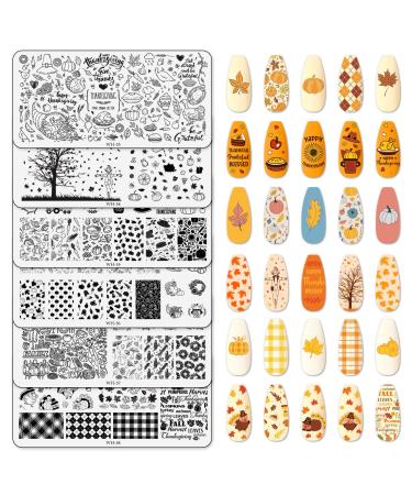 AnyDesign 6 Sheet Fall Nail Art Stamping Plates Kit Happy Thanksgiving Pumpkin Maple Leaf Scarecrow Plaid Autumn Blessings Collection Nail Art Plate for Autumn Thanksgiving Nail Art Design DIY Print