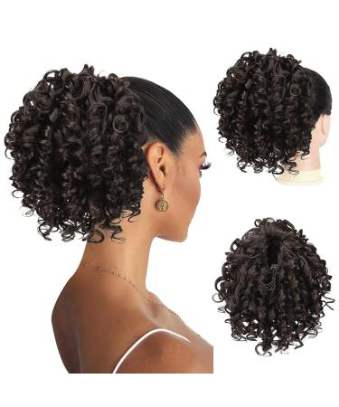 NICENEEDED 6Inch Curly Drawstring Ponytail Afro Fluffy Kinky Synthetic Ponytails Extensions for Black Women Loose Wave Natural Black Short Mini Hair Buns Wig Hair Extensions for Daily Use