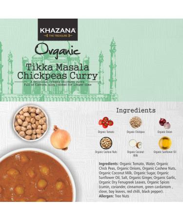Khazana ORGANIC Tikka Masala Chickpea Curry (6-Pack) - Ready to Eat, Vegan, Non-GMO, Gluten-Free, Kosher - Authentic Indian Meals in 90 Seconds! - Buy Online on GoSupps.com