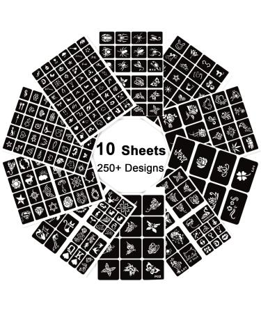 10 Sheets Henna Tattoo Stencils Kit Reusable Temporary Stencil for Women Girls and Kids  200+ PCS Tattoo Templates Temporary Indian Arabian Glitter Airbrush Tattoo Stencils for Face Body Paint DIY
