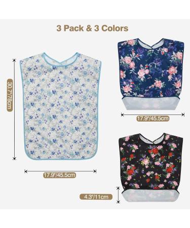 Roylvan 3-Pack Waterproof Adult Bibs - Washable with Push Buttons & Dirt Catchers for Men Women & Seniors - Blue White & Black - Buy Online on GoSupps.com