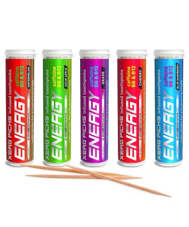 Xero Picks Energy Infused Flavored Toothpicks with Caffeine, B12 and B6 (Variety Pack, 20 Count (Pack of 5)) Variety Pack 20 Count (Pack of 5)
