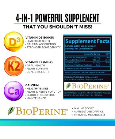 K2 D3 Vitamin Supplement 5000 IU for Strong Bones, Heart Health, and Immunity | Enhanced Calcium Absorption with Bioperine | Natural & Allergen-Free | Vitamin D3 K2 MK7 5000 IU - Buy Online on GoSupps.com