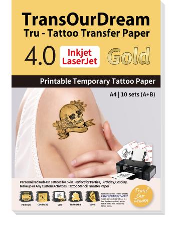 TransOurDream Gold Printable Temporary Tattoo Transfer Paper for Inkjet & Laser Printer (A+B per Set  10 Sets  A4 size) DIY Personalized Waterproof Temporary Tattoos for Skin (TAT4-10)