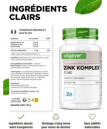 Zinc Complex 15mg - 365 Tablets - With 3 Bioactive Forms of Zinc (Zinc Bisglycinate Zinc Gluconate Zinc Citrate) - 1 Year Supply - High Dosed - Vegan - Buy Online on GoSupps.com
