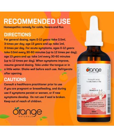 Orange Naturals - Remedy K1 for Kids - Formerly Cold+Flu for Kids - Gentle Relief for Cough & Dry Cough - 100ml Non-Drowsy Solution for Children - Buy Online on GoSupps.com