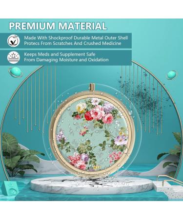 Retro Green Floral Pill Box with Mirror - 2PC Travel Pill Organizer for Vitamins & Supplements - Small Bronze Design for Wallet or Bag - Buy Online on GoSupps.com