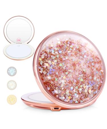 B Beauty Planet 25X Magnifying Mirror with Light  Dimmable 25X/1X Travel Lighted Makeup Mirror  Liquid Bling Quicksand Portable Folding Mirror with Lights for Handbag and Purse  USB Charging
