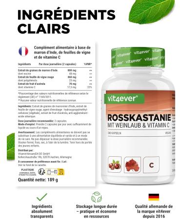 Extrait de marron d'Inde - 240 g lules - Hautement dos avec 1330 mg d'extrait par portion journali re - Marron d'Inde avec feuilles de vigne & vitamine C d'ac rola - Sans additif ind sirable v g tal - Buy Online on GoSupps.com