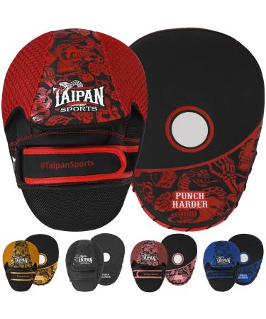 Taipan Sports Boxing Mitts for Muay Thai, Kickboxing, MMA Training Mitts, Focus Punch Mitts Pad for Kids, Men & Women with Drawstring Bag (Pair). Red