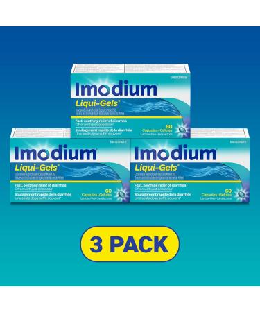 Imodium Liqui-Gels - Fast Relief of Diarrhea - Loperamide Hydrochloride 2mg - Antidiarrheal Pack of 3 (180 count Total) - Buy Online on GoSupps.com