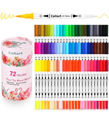 Caliart Markers for Adult Coloring, 72 Dual Tip Brush Pen Art Markers, Water Based Numbered (Fine & Brush Tip), Lettering Drawing Sketching Journaling Art Markers for Office School Teacher Supplies