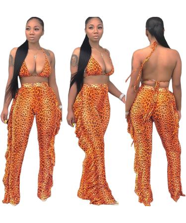 Women's 2-Piece Sweatpants Suit Set | Ruffle Crop Top & Long Pants Jumpsuit Outfit | Orange, Medium - Buy Online on GoSupps.com