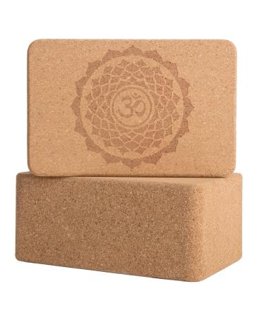 Cork Wood Yoga Blocks with Premium Designs, 2 Pack 9" x 6" x 4" Lotus