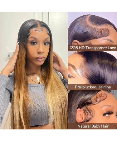 13x6 Ombre Highlight Human Hair Lace Front Wig - OT4/30/27 Honey Blonde - 20 180% Density HD Transparent Straight Wig with Baby Hair - Buy Online on GoSupps.com