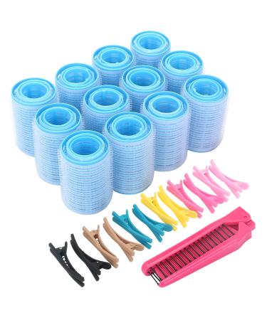 Self Grip Hair Rollers Set, with Hairdressing Curlers (Large, Medium, Small), Folding Pocket Plastic Comb, Duckbill Clips Pattern A