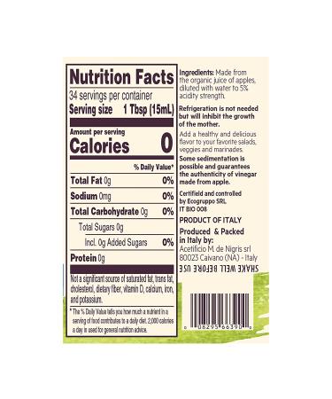 De Nigris Organic Apple Cider Vinegar 16.9 Oz (500ml) | Raw & Unfiltered with Mother | Source of Functional Elements for Metabolism Balance | Organic ACV - Buy Online on GoSupps.com