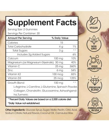 Height Growth Increase Vitamin Gummies Calcium 100mg Magnesium Glycinate 30mg Zinc Ashwagandha Vitamin K2 D3 25mg Grow Tall Maximizer Supplement Multivitamin for Kids Teens Boy & Girl Adults 60 Count (Pack of 1) - Buy Online on GoSupps.com