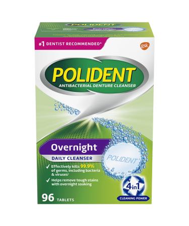 Polident Overnight Daily Denture Cleanser 4 in 1 Cleaning System Stain and Plaque Remover Triple Mint Fresh 96 Tablets (Packaging May Vary)