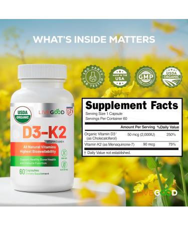 LIVEGOOD Organic D3 K2 Supplement 2000 IU Vegan Capsules with MK-7 Pure Vitamin D3 with K2 for Immune and Bone Support Made in The USA Organic D3 K2 Formula (60 Count) - Buy Online on GoSupps.com