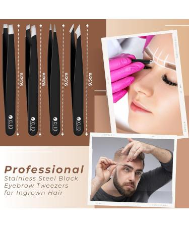 Oxlio 4pcs Professional Black Coated Stainless Steel Tweezers Set for Facial Hair | Slanted & Pointed Tips for Women & Men | Precision Tweezers for Ingrown Hair | Includes Leather Pouch - Buy Online on GoSupps.com