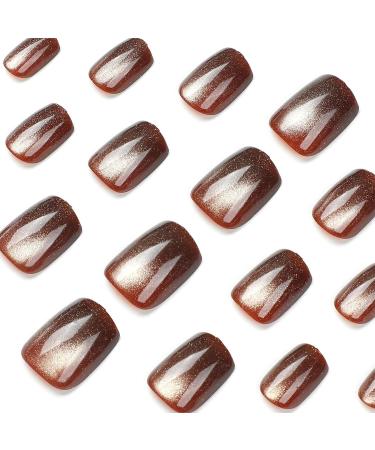 Shop Short Press on Nails - Square Cat Eye Acrylic Nails | Glossy Brown Full Cover False Nails - 24 Pcs for Women - Buy Online on GoSupps.com