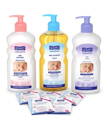 Dr. Fischer Sensitive Baby Bath Set - Baby Bath Wash  Tearless Shampoo  Lotion  & Eye Care Wipes  Baby Bath Essentials - Vitamin Rich Baby Wash Set  Baby Wash and Shampoo Sets - Daily Baby Skin Care Sensitive 4 Items
