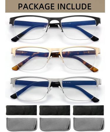 3-Pack Blue Light Blocking Reading Glasses for Men - Fashion Metal Half Frame Readers | Flexible Spring Hinge | Anti Glare/ Eye Strain/ UV Computer Eyeglasses | Magnification 2.25x | 3 Pack Mix Colors - Buy Online on GoSupps.com