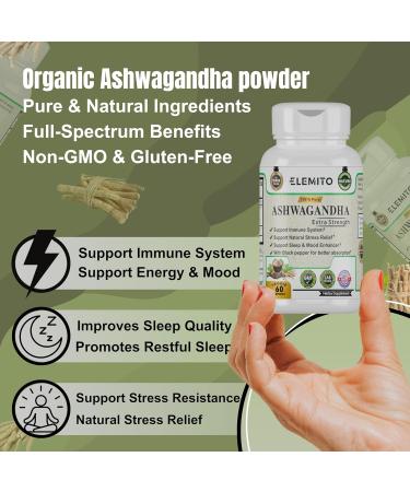 ELEMITO Ashwagandha Extra Strength Supports Mood Energy Vitality & Strength Pure Organic Non-GMO Vegan Gluten-Free - 60 Capsules - Buy Online on GoSupps.com