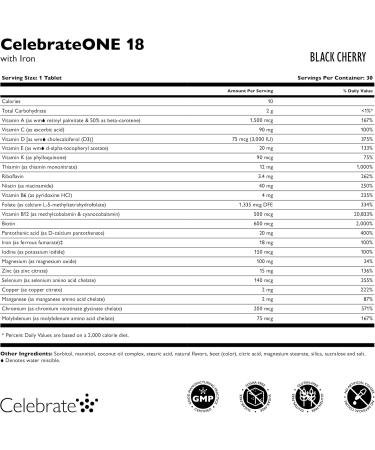 Celebrate Vitamins CelebrateONE 18 Chewables 18mg Iron - Once Daily Bariatric Multivitamin Essential Vitamins & Minerals - Gastric Bypass & Sleeve Gastrectomy Supplement - Black Cherry (30 Tablets) 30 Count (Pack of 1) - Buy Online on GoSupps.com