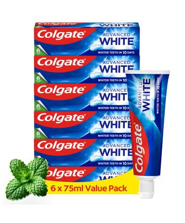 Colgate Colgate Advanced White Toothpaste 6 x 75 ml | Whiter Teeth in 10 Days | Clinically Proven Whitening | Whitening Toothpaste with Micro-Cleaning Crystals | Mint Toothpaste